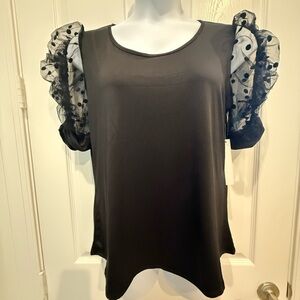 Above and Beyond Black Top with Sheer Polka Dot Puff Sleeves. NWT, Size XL